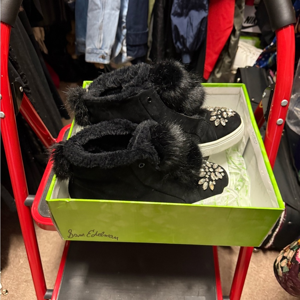 Sam Edelman Black Fur-Trim Sneakers with Jewel Accents